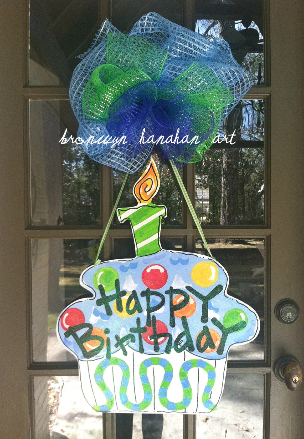 Happy Birthday Cupcake Door Hanger (Blue) - Bronwyn Hanahan Art