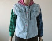90s Grunge Shirt Denim Plaid Combo Hooded Top Chambray Shirt Jean Pink Green Blue Streetwear Skater 1990 Button Down Size XXS XS Small