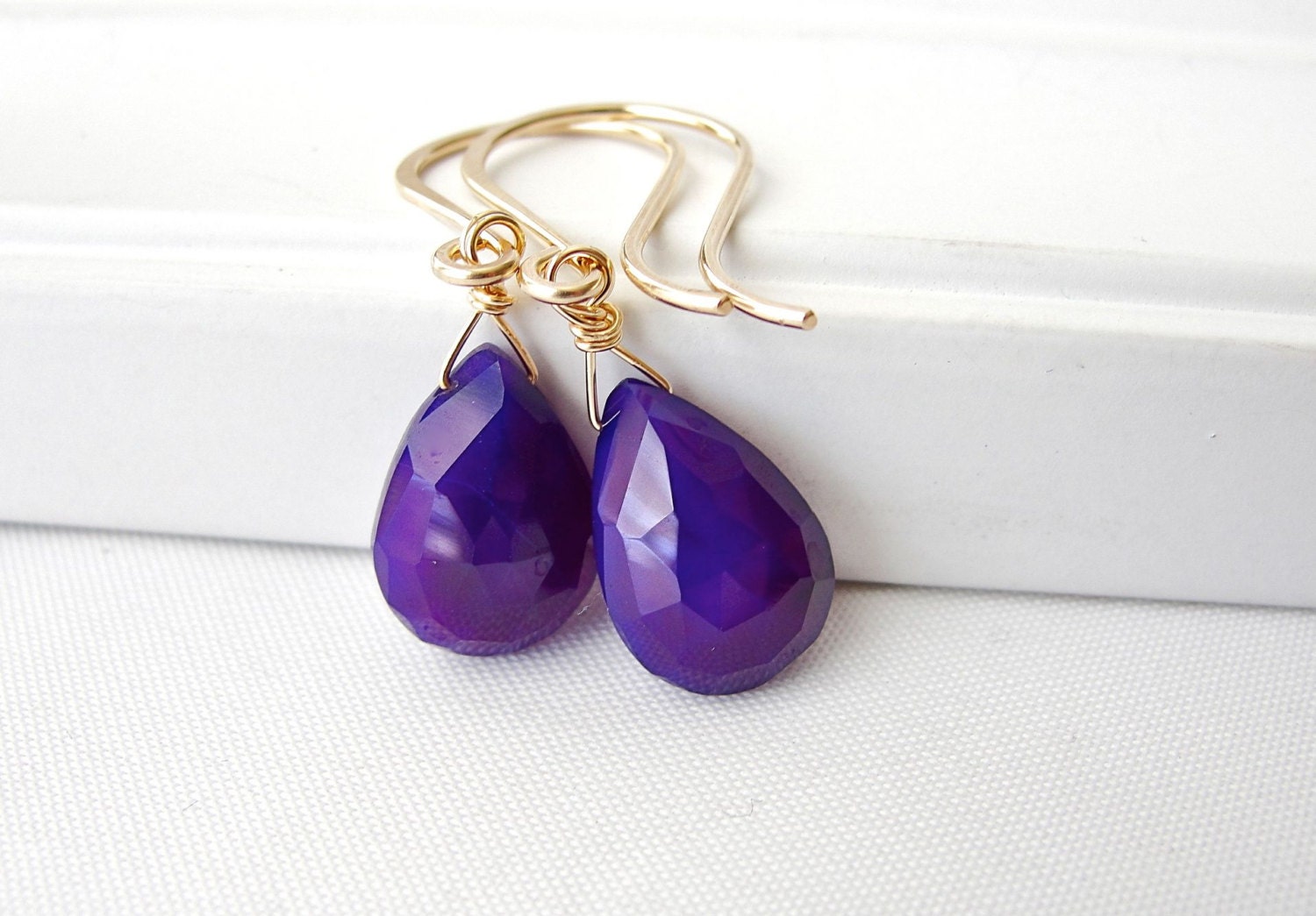 Purple Earrings in Gold Fill, Chalcedony Gemstone Dangle, Simple Handcrafted Jewelry