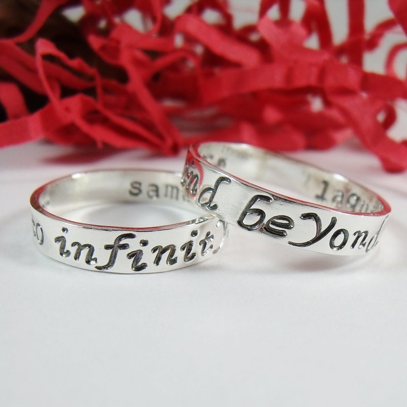 SALE -To Infinity and Beyond Hand Stamped Rings - Sterling Silver 4mm x 1mm Ring Set -His Her Couple Set - Best Friends