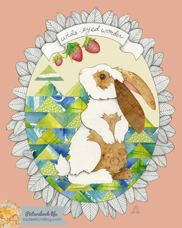 Bunny Rabbit Nursery Art in Geometric Greens and Blues with Salmon Orange. Small Print, Perfect for a new baby--boy or girl.