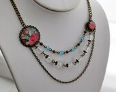 Vintage Rose Statement Necklace. Pink. Blue. Spring Jewelry