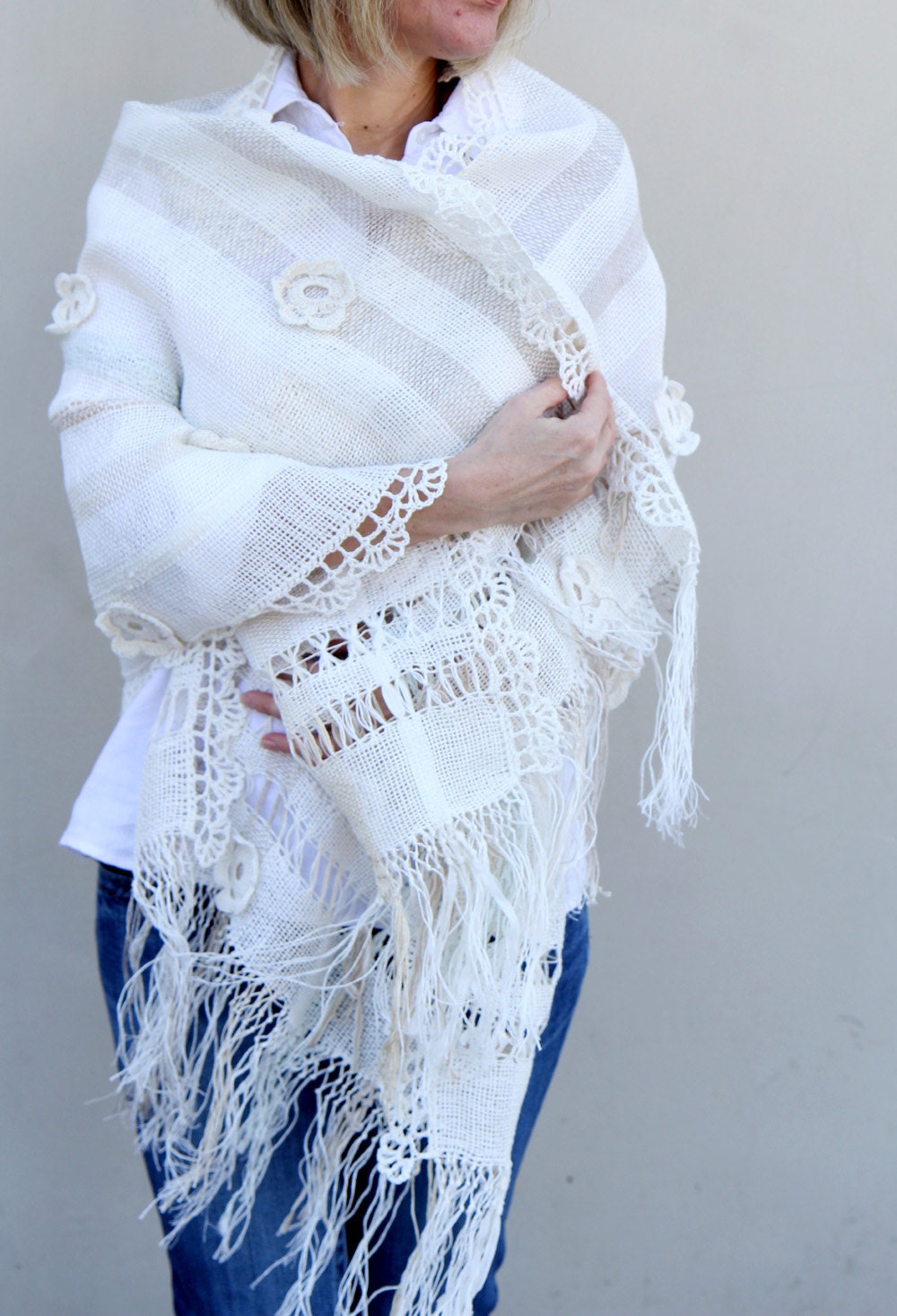 Made to order hand woven snow white ivory cream shawl wrap scarf  "White garden"