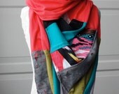 SS13 - Girls Oversized patchwork hem scarf by Fairytale13 - Summer brights - coral, tribal, black, turquoise, brights.