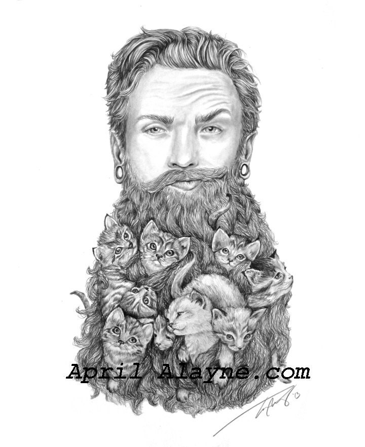 Kitten Beard - Illustration- 8 X10-signed print-man- portrait- cat