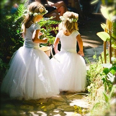 White lined custom Flower Girl tulle skirt tutu.  Elegant portrait and classic look for weddings and little princesses.