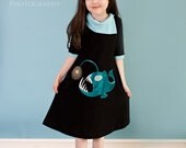 Angler fish dress, black and aqua, childrens clothing, girls dress, 2T, 3T, 4T, 5, 6, 7 (larger sizes also available)