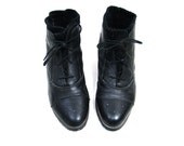 Vintage Black Leather Lace Up Sweater Cuff Ankle Boots Size 10