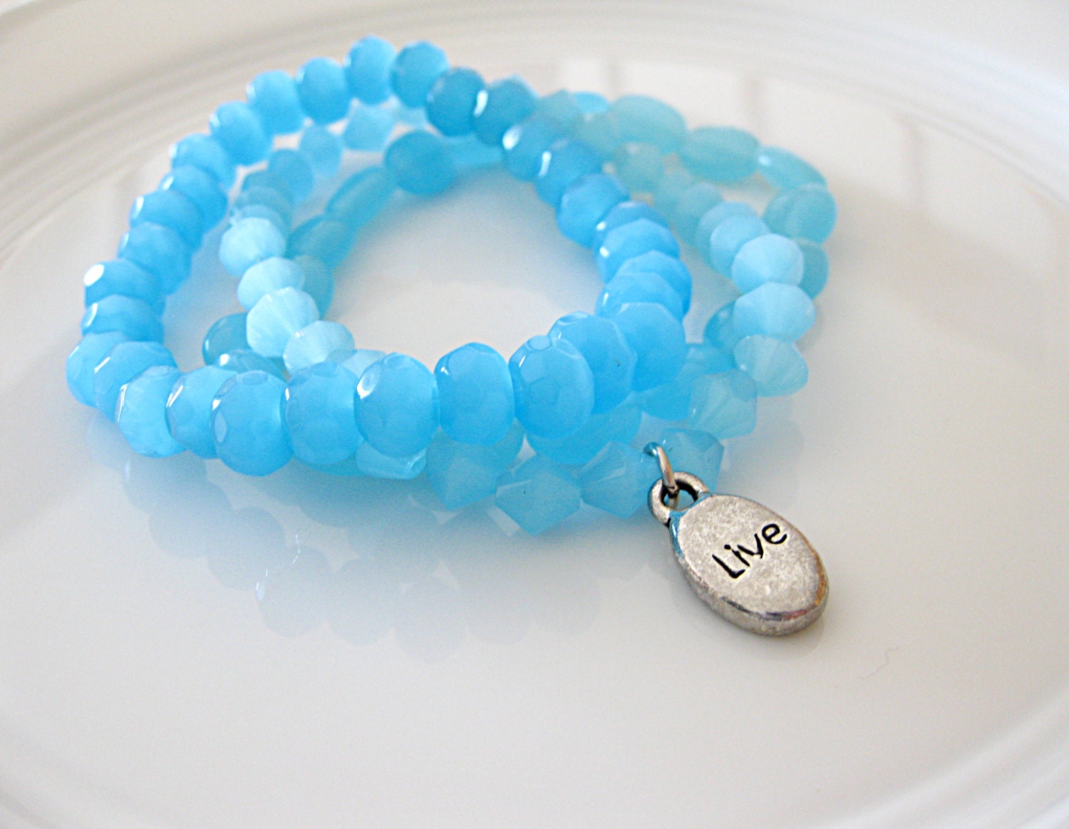 Aqua Blue Glass "Live" Charm Bracelet Set of 3 - Faceted, Rondelle, Stacking, Layering, Three