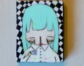 Coffee tea time folk art painting mixed media bees wax encaustic acrylic original 3x4 inches