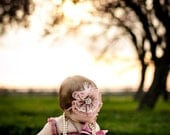 Vintage State of Mind- dusty pink and ivory lace bloom with rhinestone and pearl center