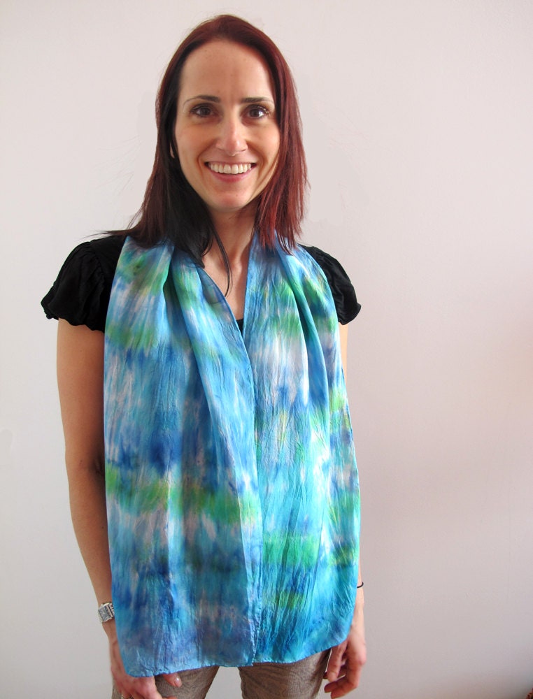 Silk Scarf In Blues and Greens Shibori Hand-dyed 100% Silk