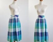 Vintage Plaid Skirt -- Blue and Green 80s Pleated A Line -- Large