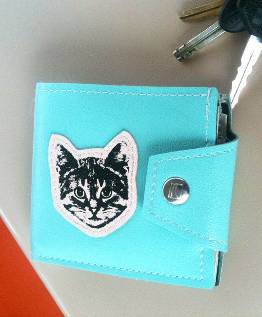 Neon Mint and Pink Cat Wallet - Get your Meow on - Vegan