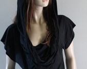 T-shirt Hoodie Short Sleeve Top Hood Drape Cowl Modal Black Stretch Unique Fashion - SPECIAL ETSY PRICE