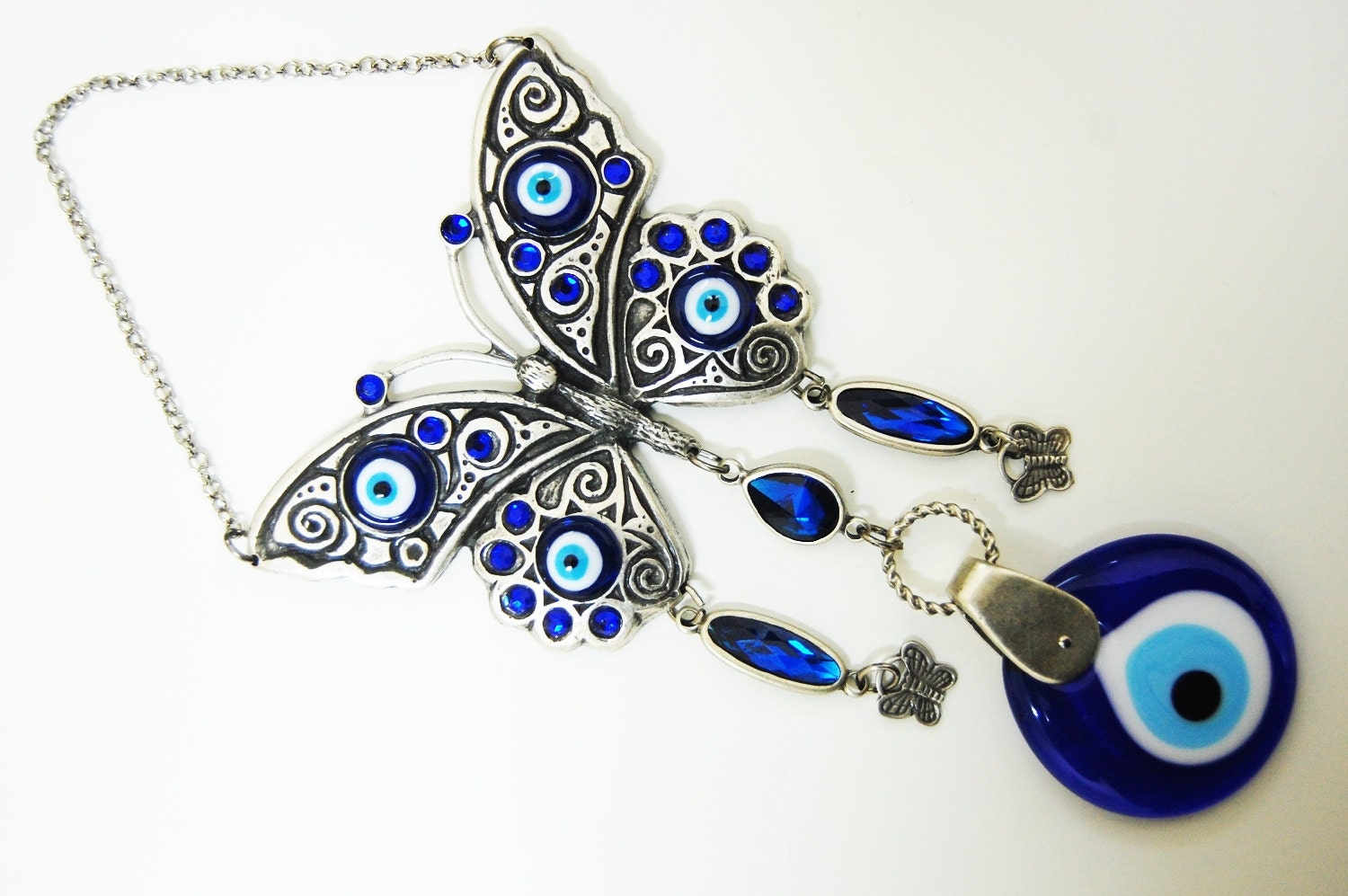 Butterfly Wall Hanging Amulet Handmade Turkish Silver Plated Evil Eye Bead