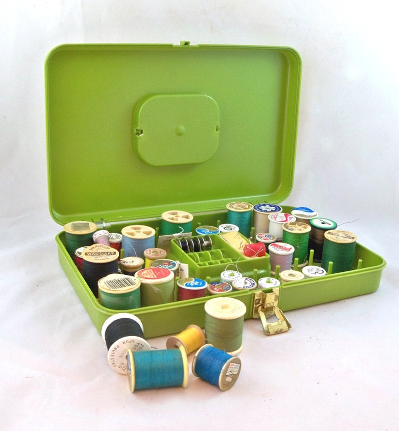 Vintage Sewing Box - Notions Box - Spool Holder in Avocado Green