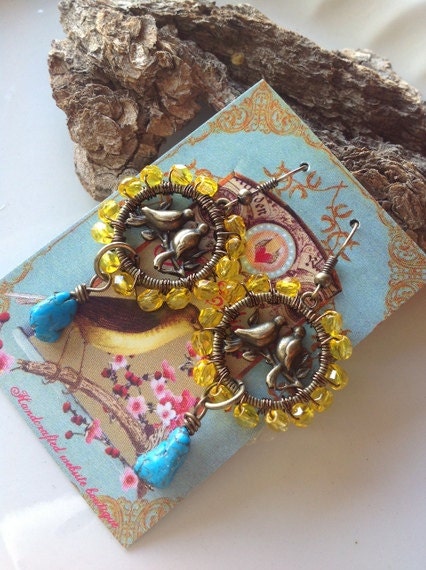 yellow and turquoise bohemian earrings wire wrapped boho chic bird style vintage hippie dangle gift