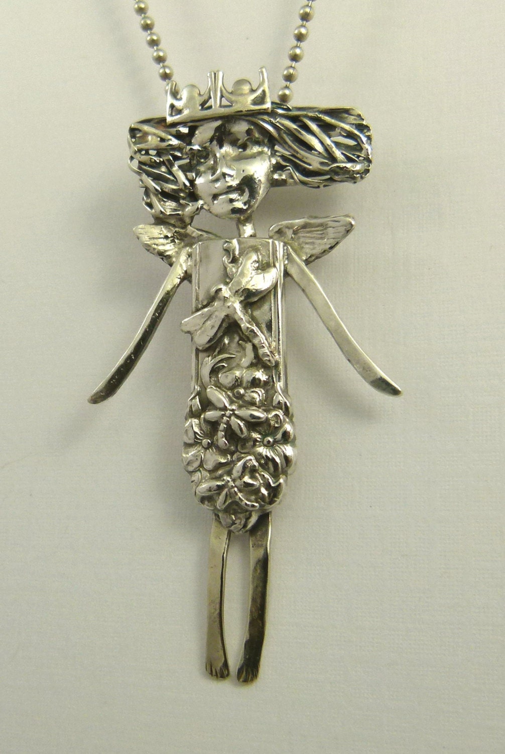 Angel London Learns From Dragonflies - Up Cycled Sterling Silver, Silverware, And PMC -  Art Jewelry Pendant - 1074