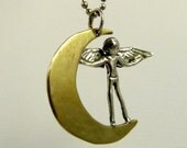 Angel Mylissa Stands Ready - Up Cycled Sterling Silver, Brass, And PMC - Art Jewelry Pendant - 1117