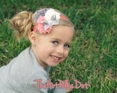 Coral and Gray Shabby Chic Frayed Triple Flower / Beautiful Rhinestone / Elastic Headband / Perfect for Spring Wedding Flower Girl