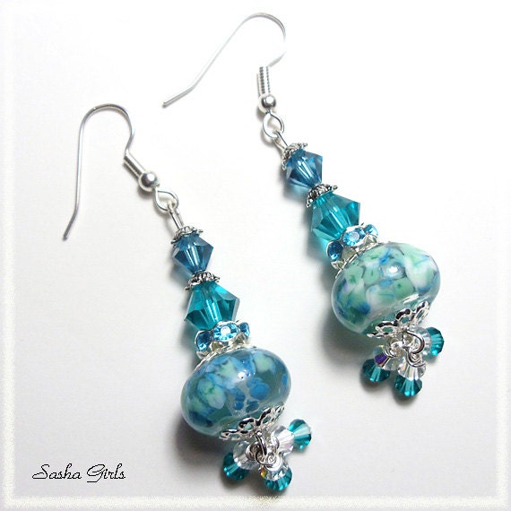 Aqua Sea Mist LAMPWORK EARRINGS