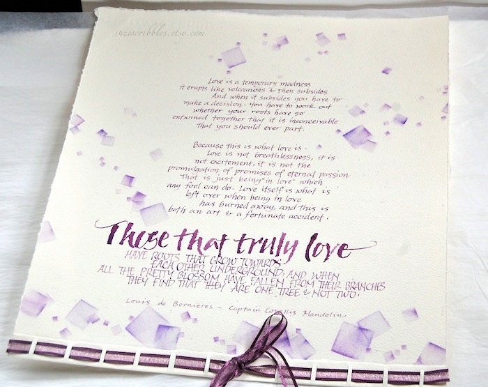 Captain Corelli, ORIGINAL calligraphy, purple, mauve, lilac, eggplant, lavender, personalized wedding gift, engagement, anniversary, scroll,