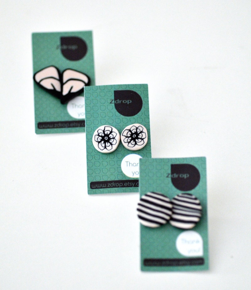 Contemporary delicate black and white flower post earrings- Gift for her