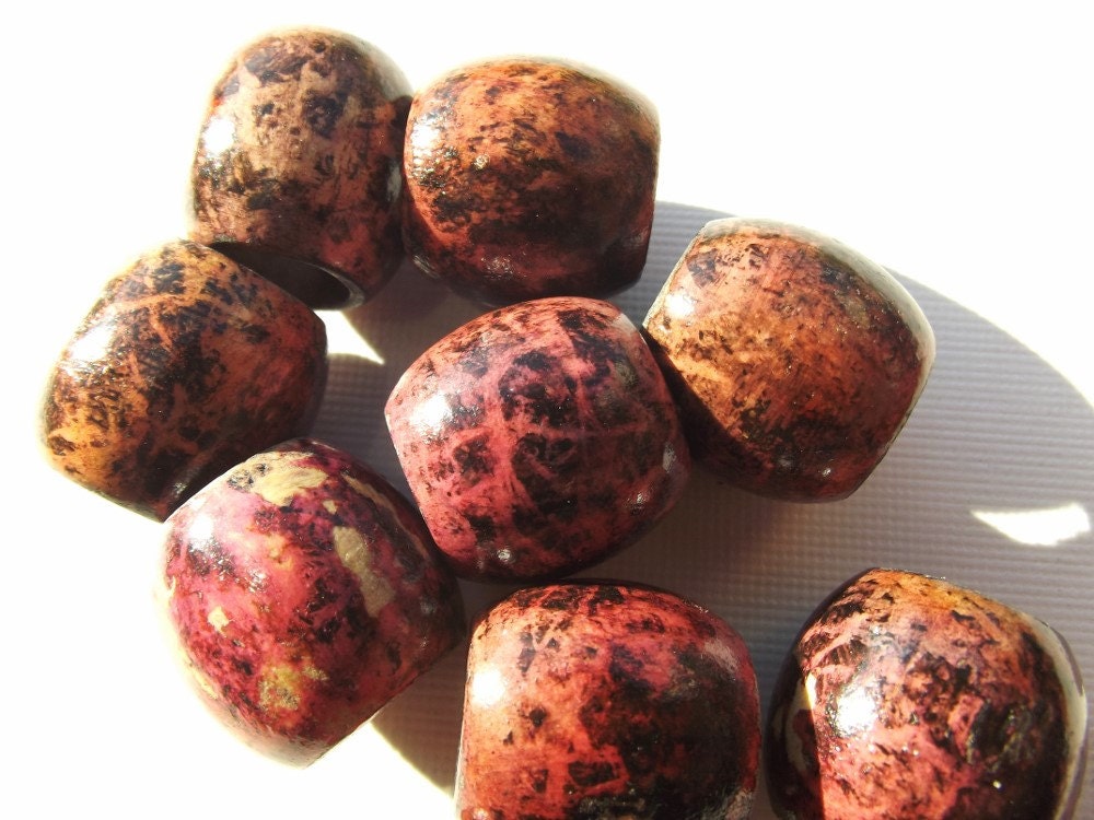 Red Batik Dreadlock Bead - Red Amber Ash Brown Wood Beads for Dreads -  Dread Accessories