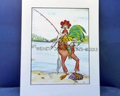 Gone Fishing Art Print Fisherman Catch of the Day Lake Mountains Fresh Air  Illustration