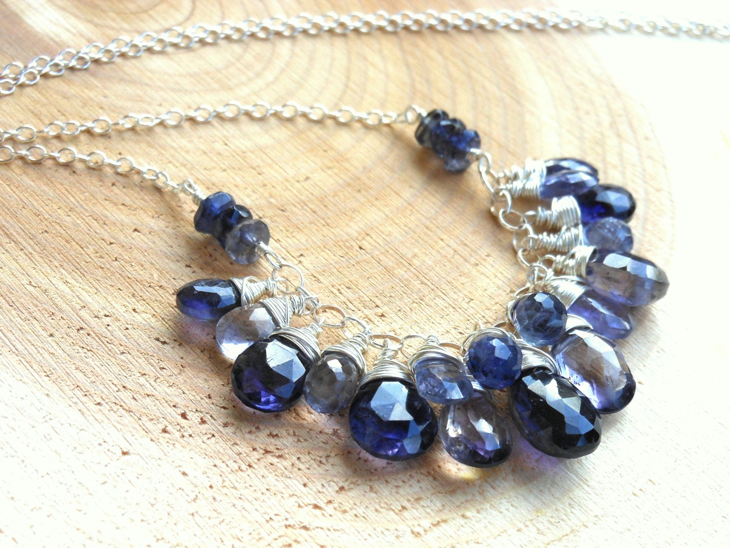 Statement Necklace Iolite Necklace Briolette Blue Gemstones, Sterling Silver, Bib Necklace