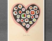 Sushi Love 8x10 / Kitchen Decor, Food Art, Asian, Japanese, Typography Poster, Love, Quirky Romance, Hearts, Pink