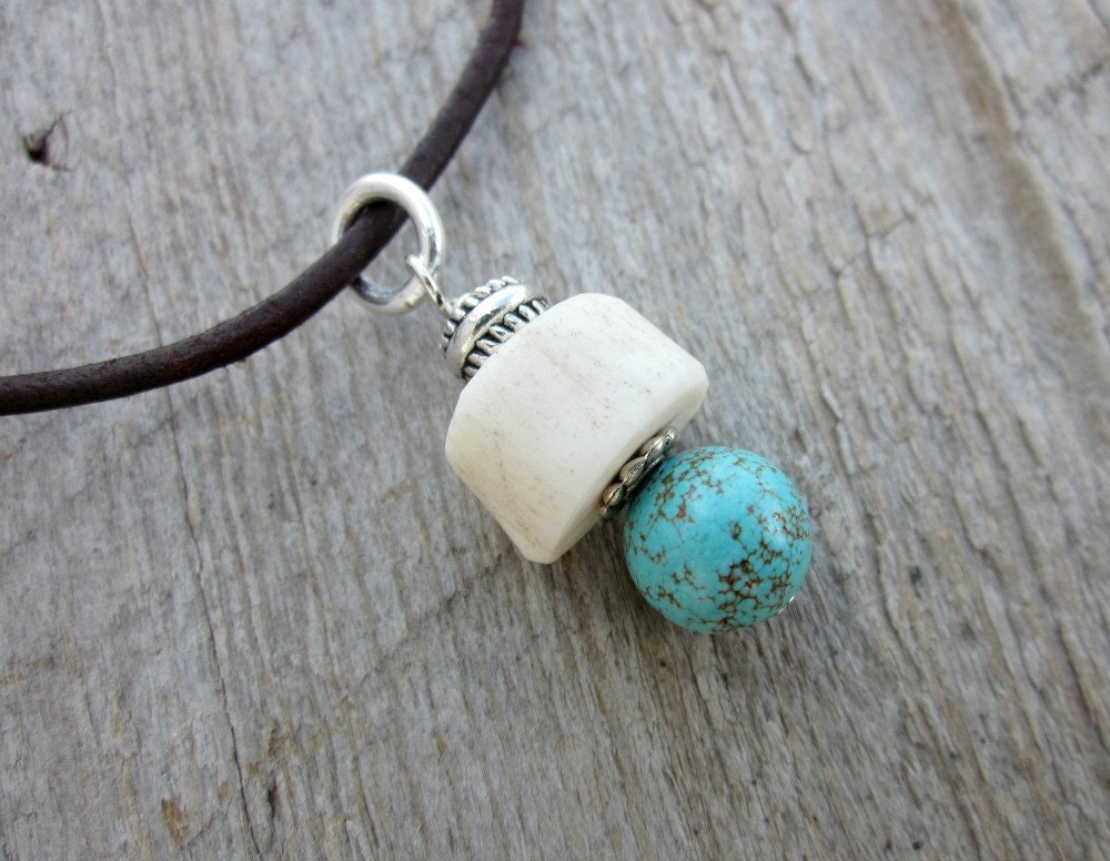 Simple Rustic Necklace . Turquoise and Antler Bead Stacked Pendant . Leather Necklace . Minimalist Necklace - Western Nature Jewelry