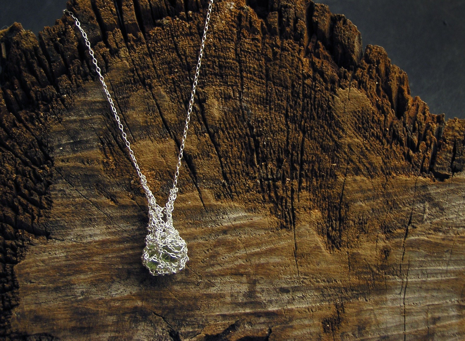 spring sale - petite green aquamarine silver crochet necklace, handmade jewelry, ooak