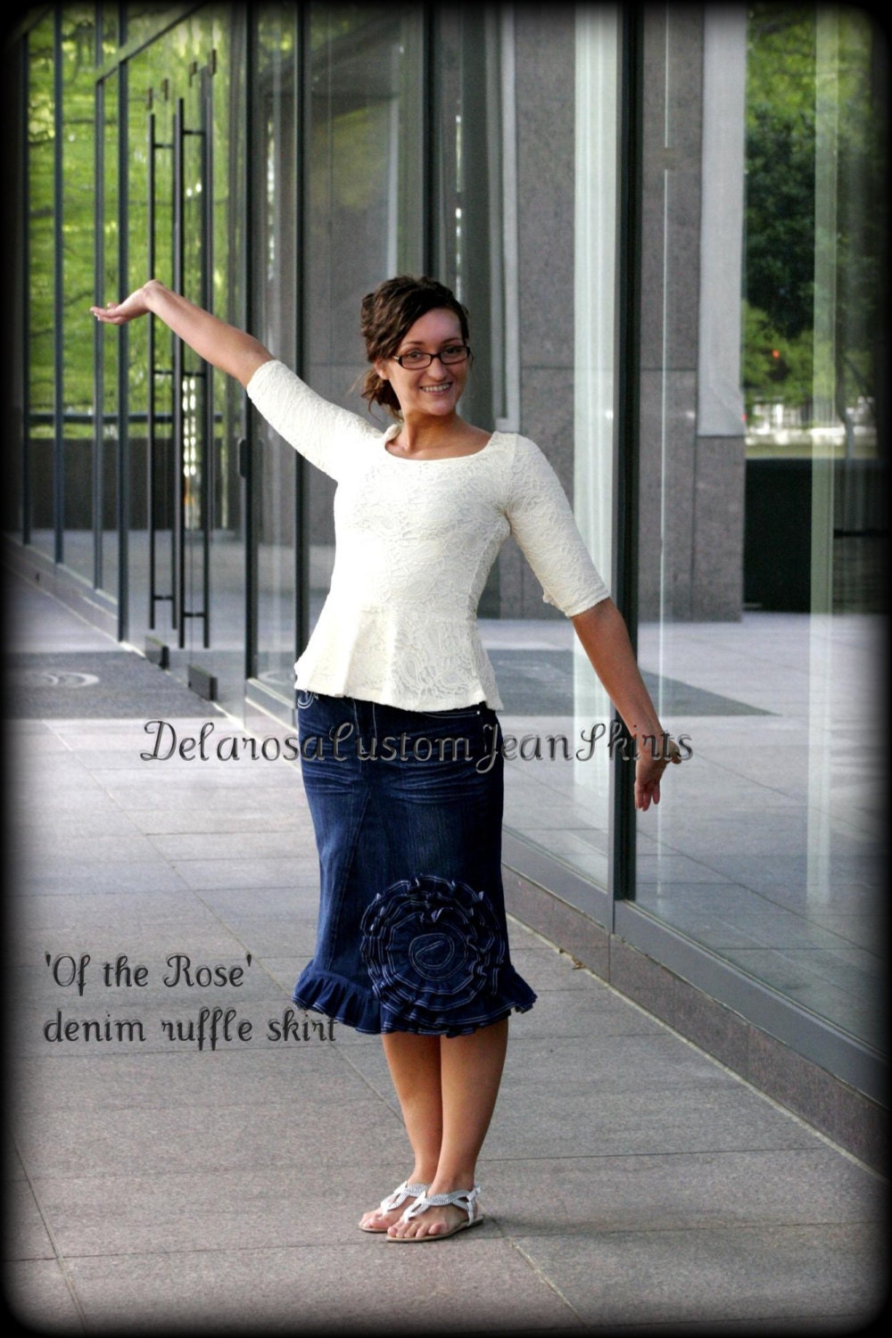 Of The Rose Jean Skirt Custom Order to Your Size w/ elegant scalloped edge ruffling all the way around the bottom & Rose 0-14