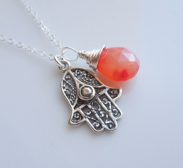 Silver Hamsa Necklace with Orange Chalcedony
