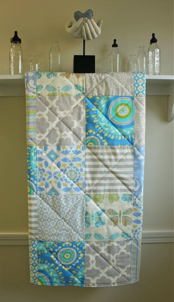 Baby Quilt -  Blue Kumari Garden Crib Quilt in Grey and Blue