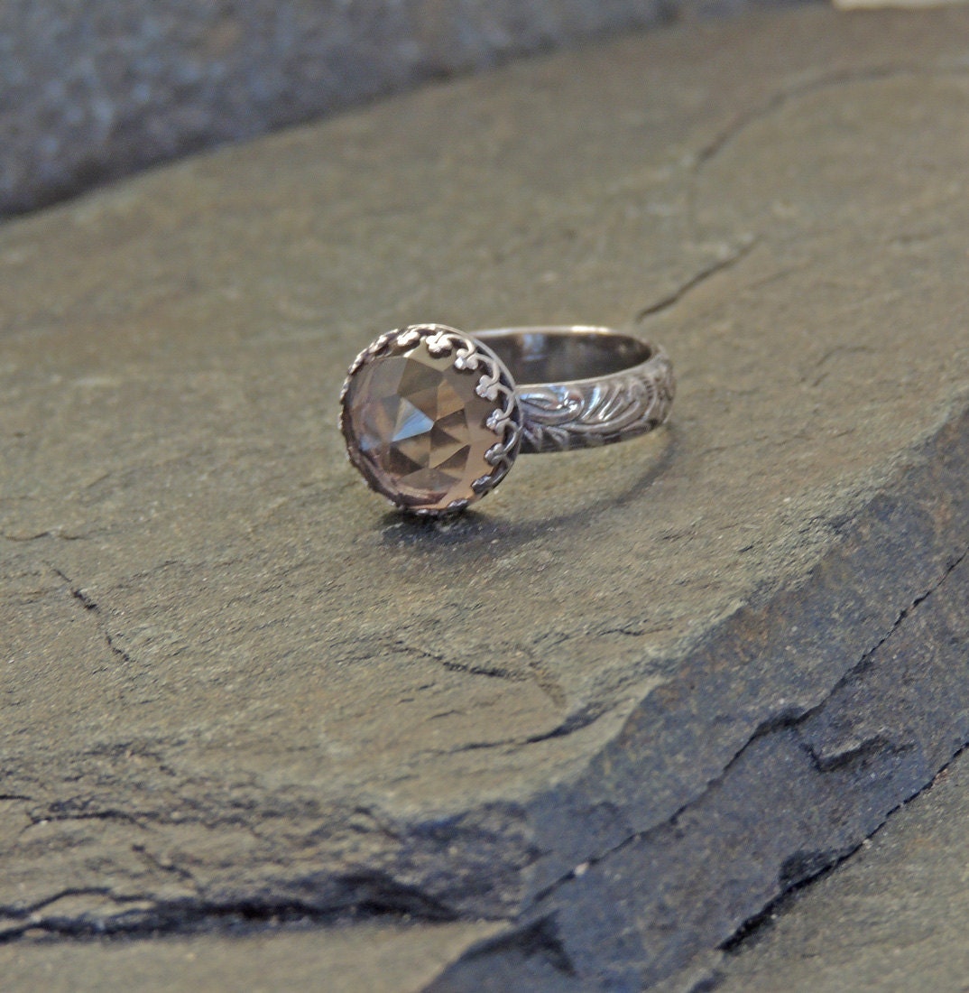 Druid Stone Ring, Size 7, 10mm Rose Cut Smoky Quartz, Cocktail Ring, Sterling Silver, Antique Inspired Solitaire Ring
