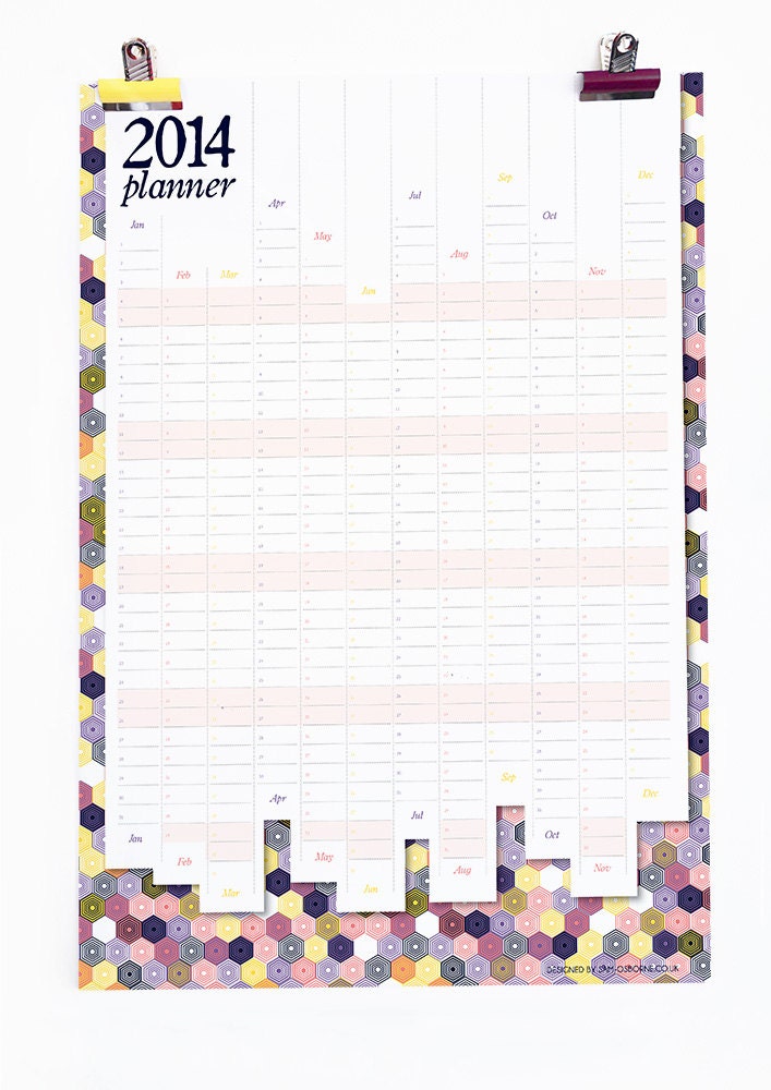 Wall Planner 2014 Calendar Office Organiser Hexagon Quilt Style Pattern Reversible Design
