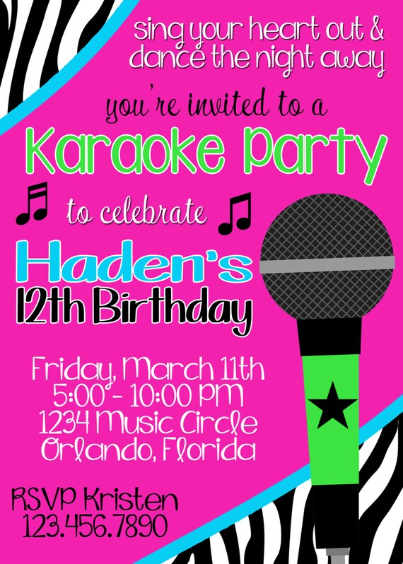 Karaoke Hot Pink & Zebra Girl's Birthday Party 5x7 Invitation - Printable Il_570xn