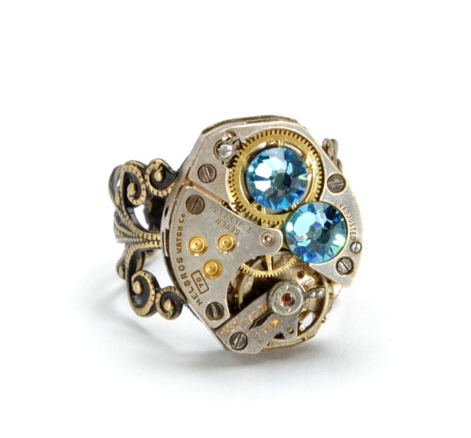 Steampunk Ring Steampunk Jewelry Steampunk Vintage Watch Ring Aquamarine March Aqua Blue Steam Punk Jewelry By Victorian Curiosities