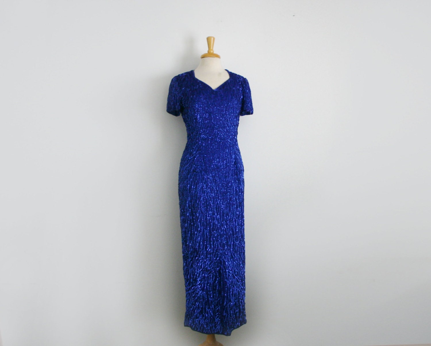 1980s silk sequin embellished cobalt blue short sleeve evening gown, size 8 medium