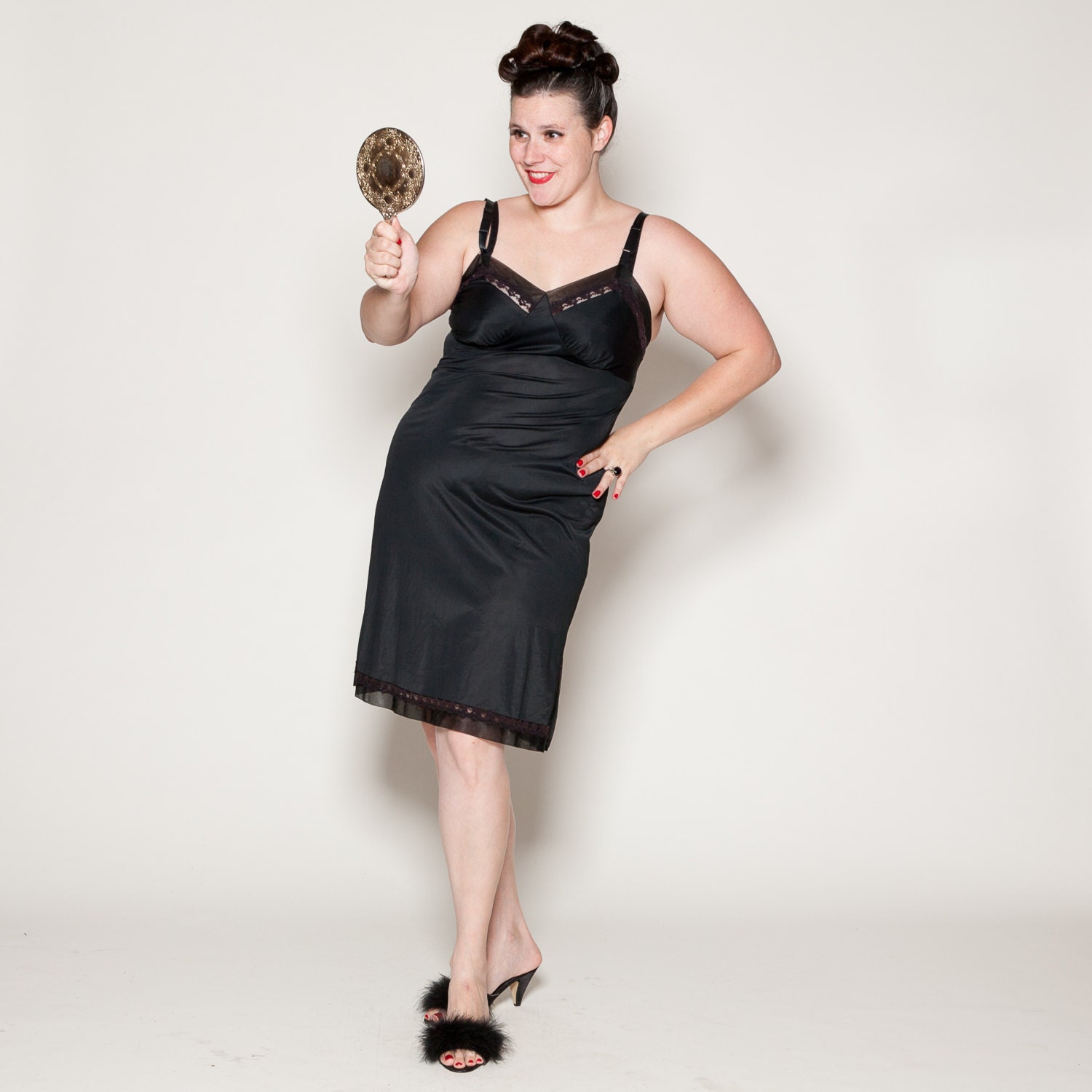 Vintage 1950s Lingerie Black Full Slip Size Large Honeymoon Fashions