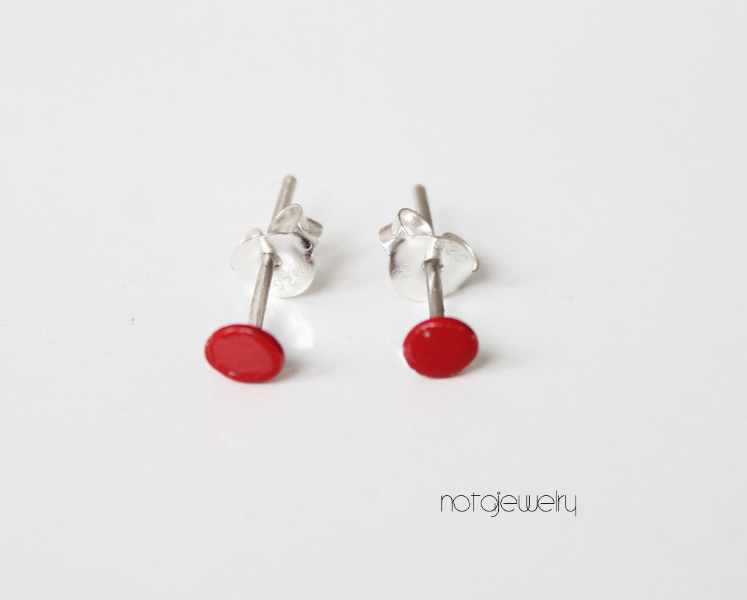 Minimalist jewelry - small silver jewelry  - small red earrings - small post handmade earrings