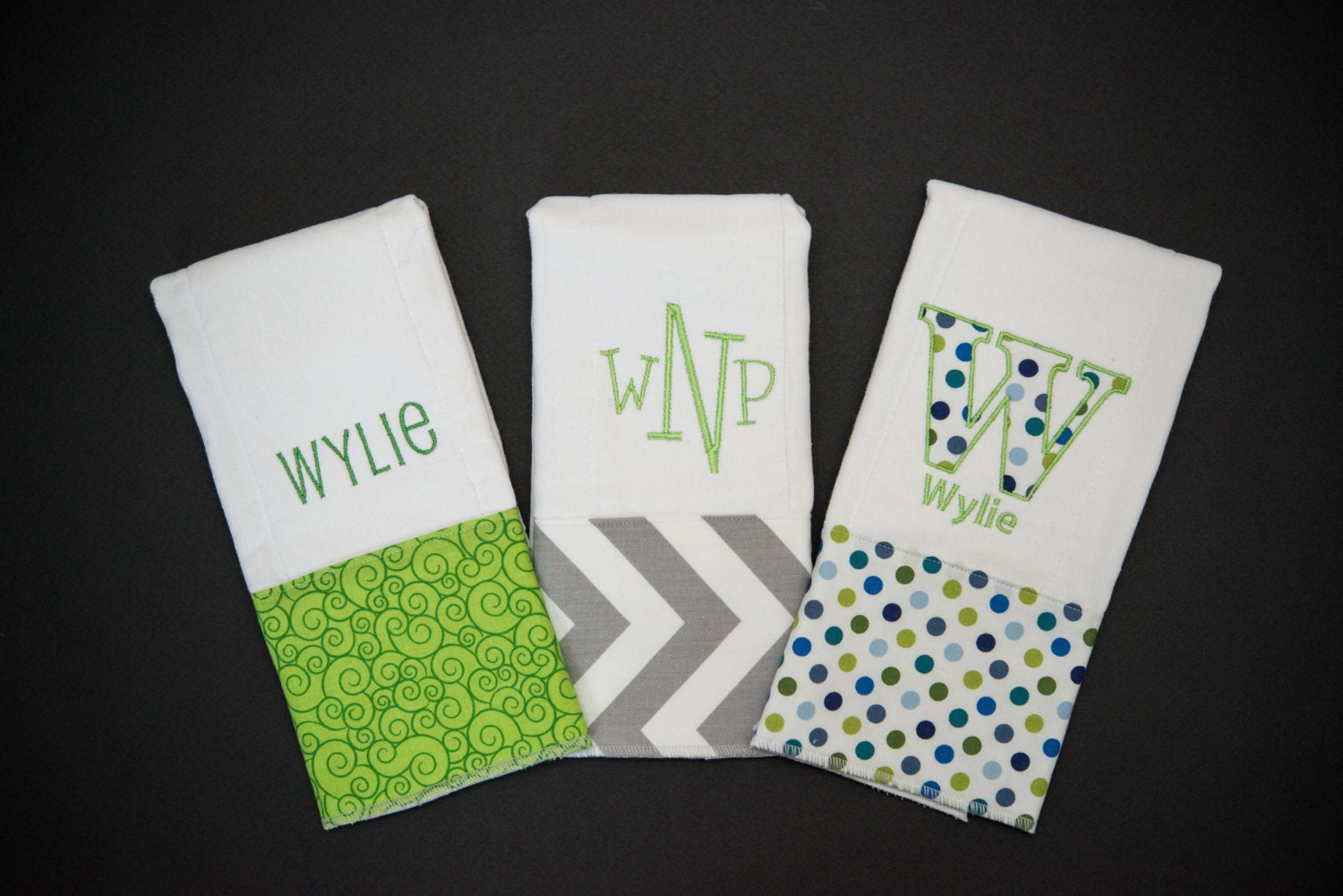 Set of 3 Custom EMBROIDERED Burp Cloths: You choose fabric & fonts