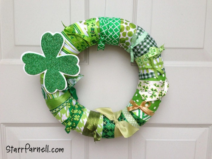 READY TO SHIP St. Patrick's Day Wreath Green Gold White Multicolor, Pattern and Size Wrapped Ribbon Wreath with Four Leaf Clover 12"