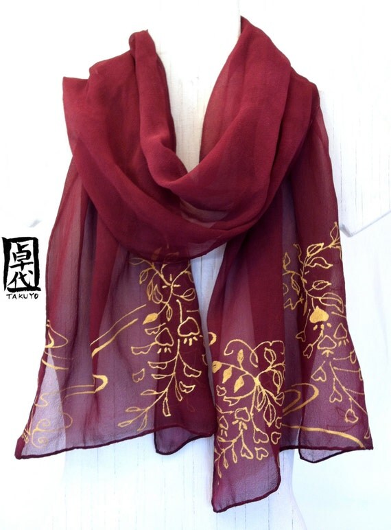 Red Silk Scarf. Hand Painted Silk Scarf. Silk Chiffon Scarf. Japanese Floral Scarf. Merlot Red Wisteria. Made to Order. 13x69 in.