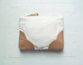 ICE BLUE Linen Clutch. Leather Cosmetic Bag. Linen Make Up Bag.