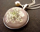 Summer Necklace with real dried queen anne's lace in light grey, silver setting and vintage pearl