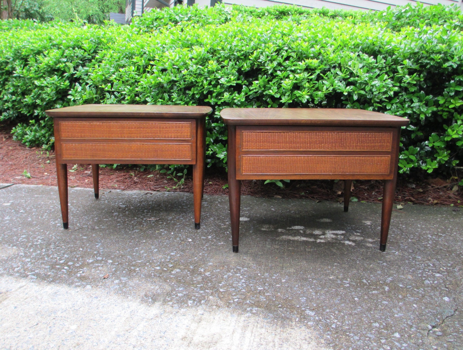 Mid Century Modern End Tables, Danish Modern Side Tables with Cane Detail on Drawers